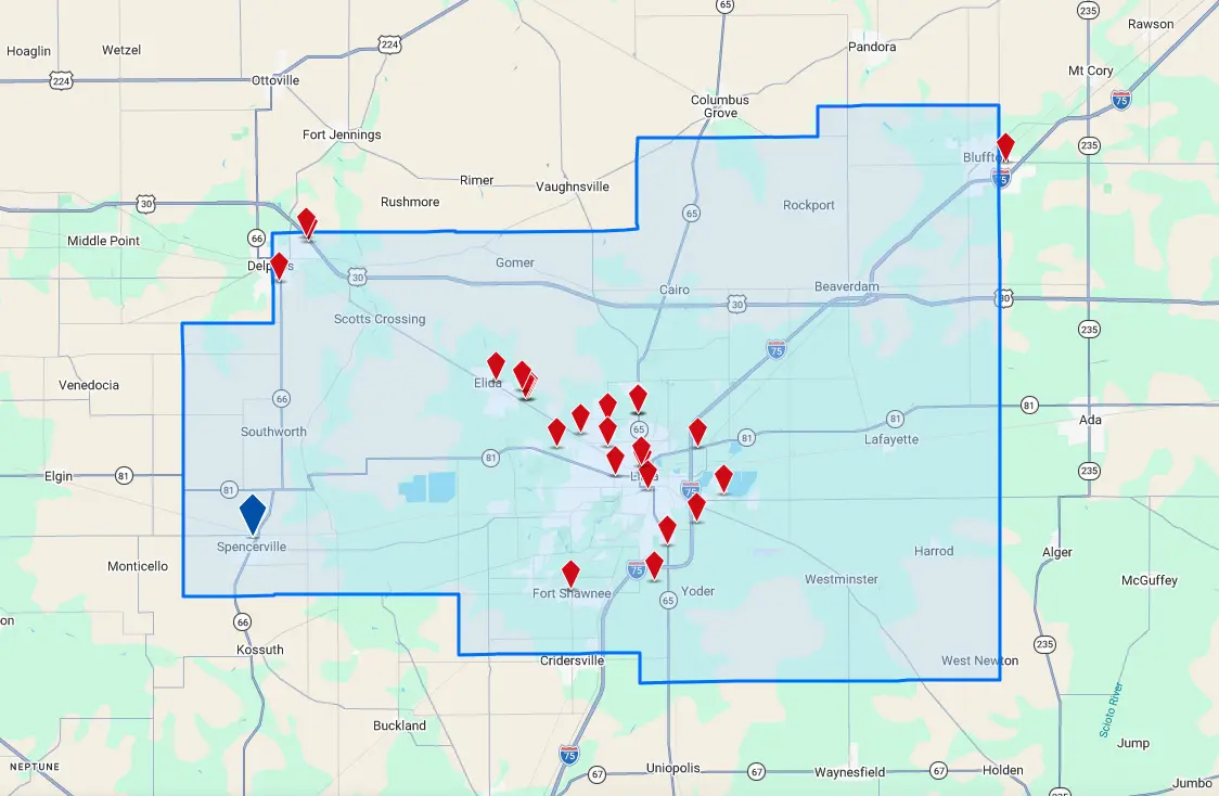 Map of Allen County with red pins
