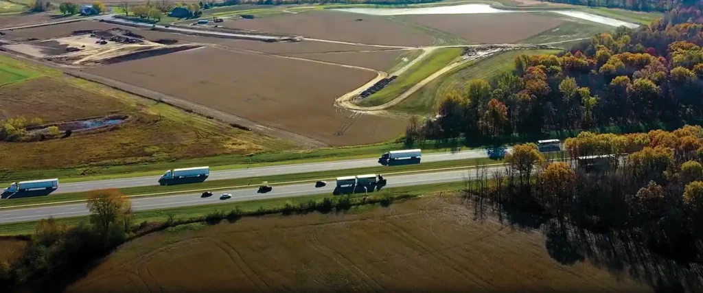 Aerial view of Allen County highway near rural fields in Ohio